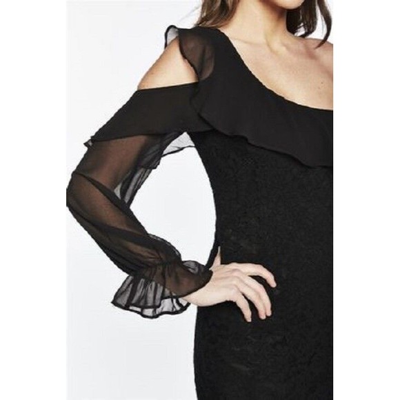 BARDOT Black Fiorella One Cold Shoulder Sleeve Lace Ruffle Bodycon Dress 8 M NEW - Picture 3 of 7